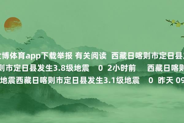 世博体育app下载举报 有关阅读  西藏日喀则市定日县发生3.8级地震西藏日喀则市定日县发生3.8级地震    0  2小时前     西藏日喀则市定日县发生3.1级地震西藏日喀则市定日县发生3.1级地震    0  昨天 09:34     西藏日喀则市定日县发生3.9级地震西藏日喀则市定日县发生3.9级地震    17  01-07 14:09     西藏日喀则市定日县发生6.8级地震西藏日